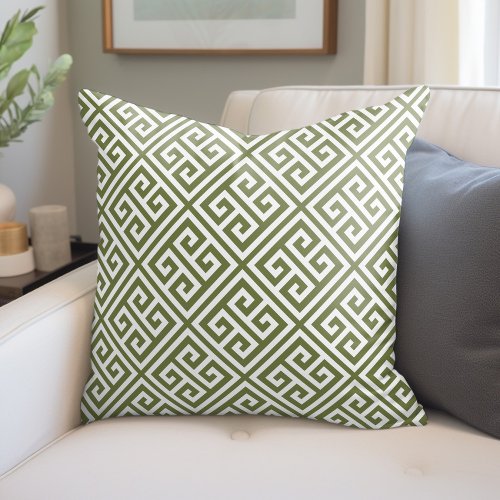 Olive Green and White Greek Key Pattern Throw Pillow