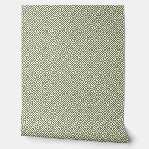 Olive Green and White Greek Key Pattern Wallpaper