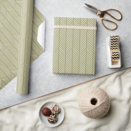 Olive Green and White Herringbone Wrapping Paper