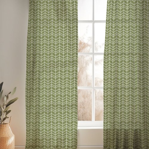 Olive Green and White Modern Herringbone Sheer Curtains