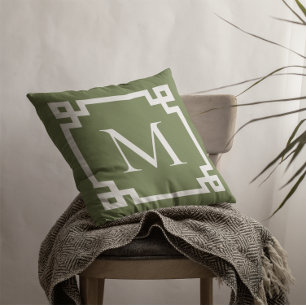 Olive Green and White Monogrammed Greek Key Border Throw Pillow