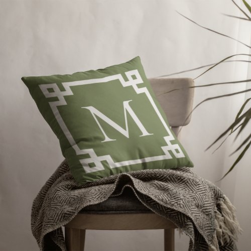 Olive Green and White Monogrammed Greek Key Border Throw Pillow