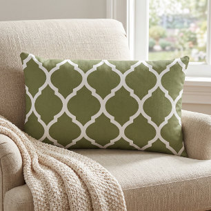 Olive Green and White Moroccan Pattern Lumbar Pillow