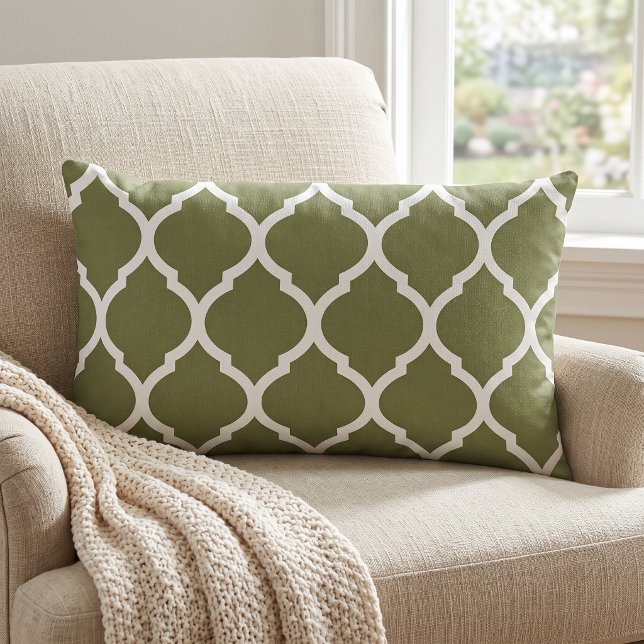 Olive Green and White Moroccan Pattern Lumbar Pillow (Creator Uploaded)