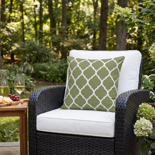 Olive Green and White Moroccan Pattern Outdoor Pillow