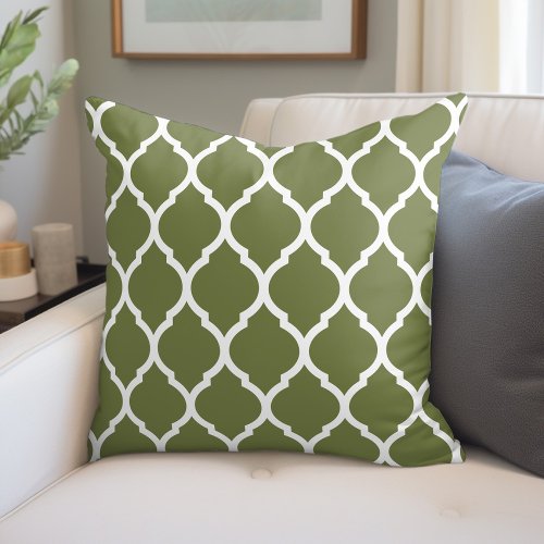 Olive Green and White Moroccan Pattern Throw Pillow