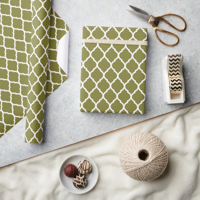 Olive Green and White Moroccan Quatrefoil Wrapping Paper (Crafts)