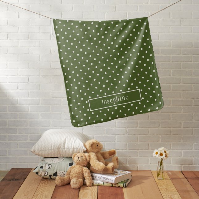 Olive Green And White Polka Dots With Name Baby Blanket (In Situ)