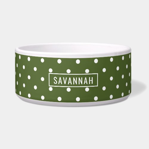 Olive Green And White Polka Dots With Name Bowl