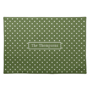 Olive Green And White Polka Dots With Name Cloth Placemat