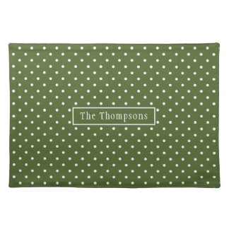 Olive Green And White Polka Dots With Name Cloth Placemat