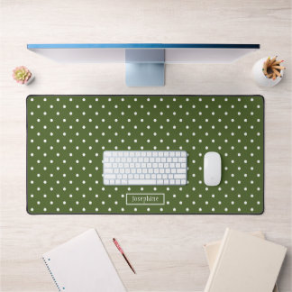 Olive Green And White Polka Dots With Name Desk Mat