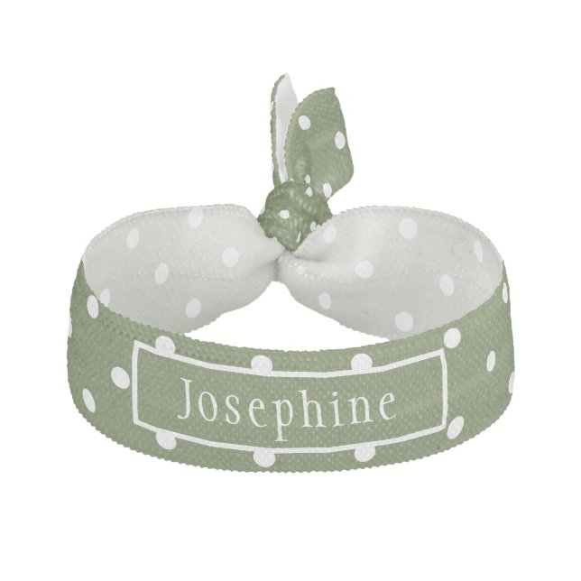 Olive Green And White Polka Dots With Name Elastic Hair Tie (Front)