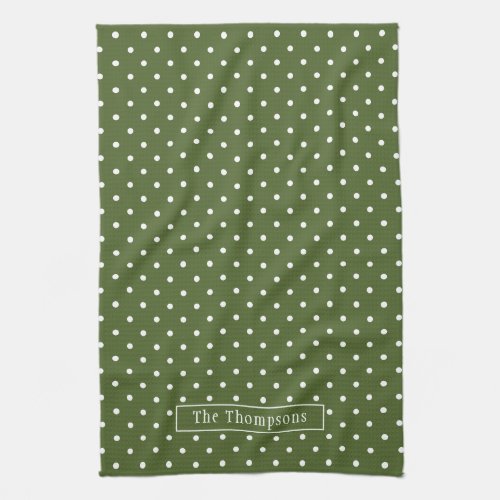 Olive Green And White Polka Dots With Name Kitchen Towel