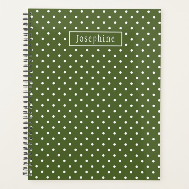 Olive Green And White Polka Dots With Name Planner (Front)