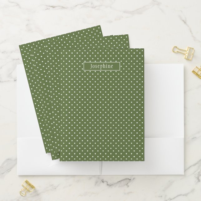 Olive Green And White Polka Dots With Name Pocket Folder (In Situ)
