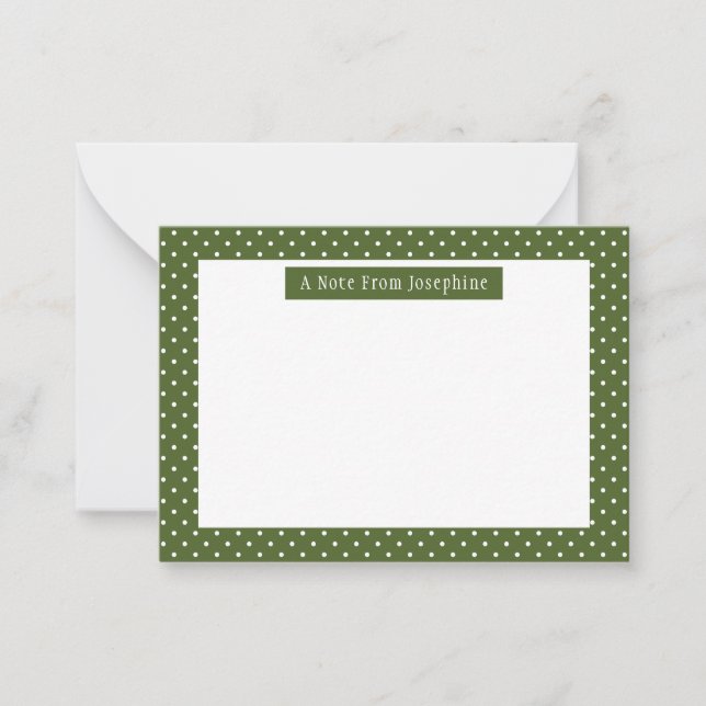 Olive Green And White Polka Dots With Text Note Card (Front)