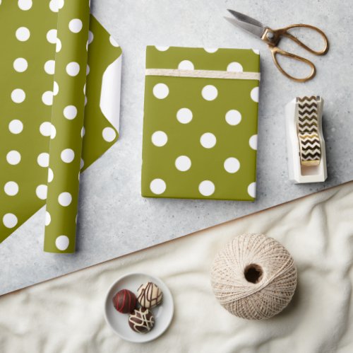 Olive green and white polkadots pattern custom wrapping paper