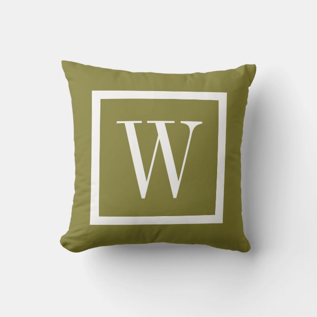 Olive Green and White Preppy Square Monogram Throw Pillow (Front)
