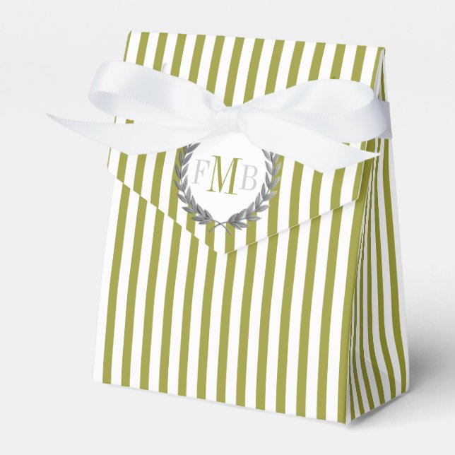 Olive green and white stripes monogram wedding favor boxes (Front Side)