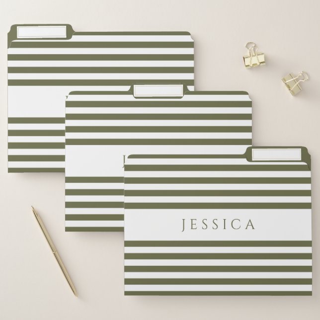 Olive Green And White Stripes Pattern Name & Text File Folder (Set)