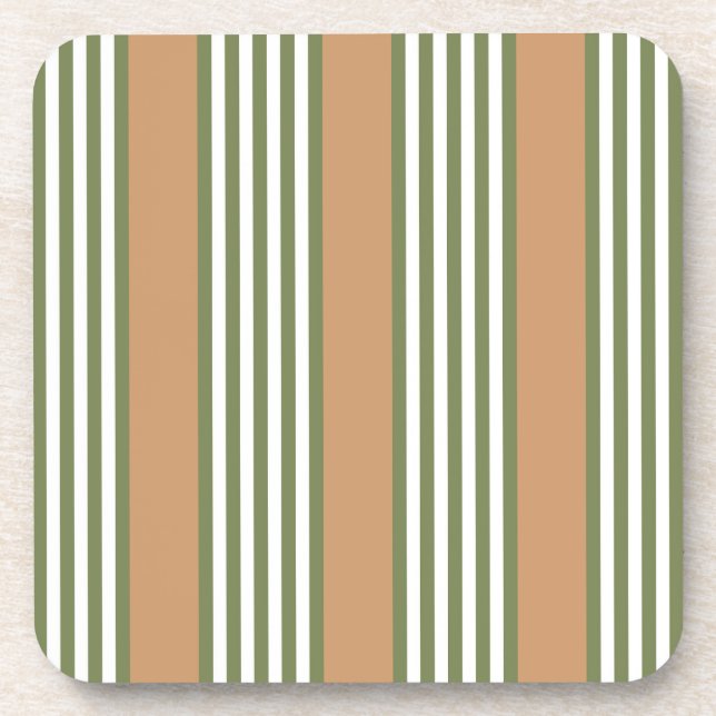 Olive green and white stripes pattern with tan beverage coaster (Front)