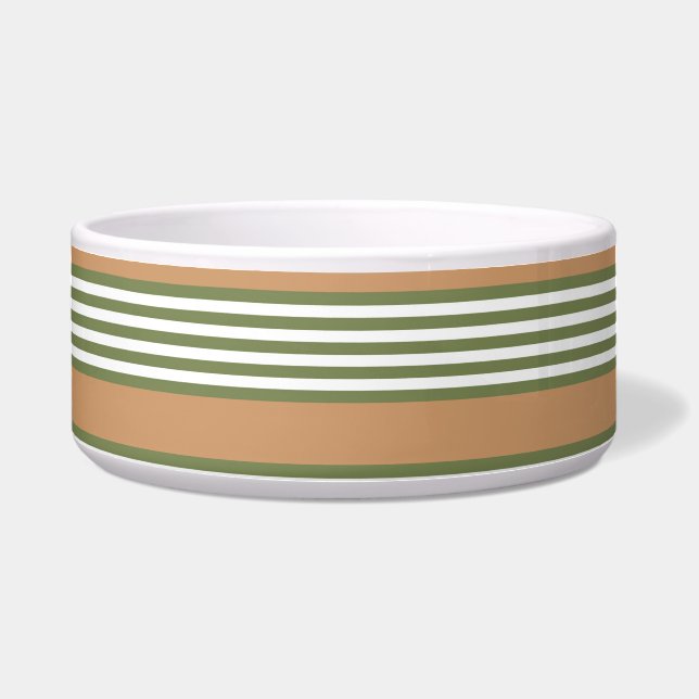 Olive green and white stripes pattern with tan bowl (Front)