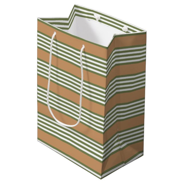 Olive green and white stripes pattern with tan medium gift bag (Front Angled)