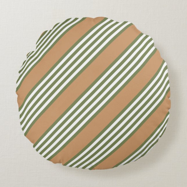 Olive green and white stripes pattern with tan round pillow (Front)
