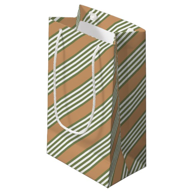 Olive green and white stripes pattern with tan small gift bag (Front Angled)