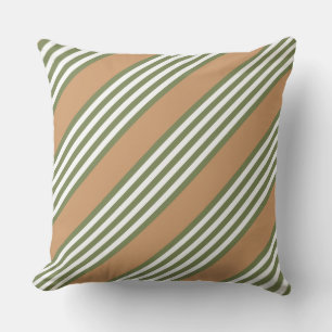 Olive green and white stripes pattern with tan throw pillow