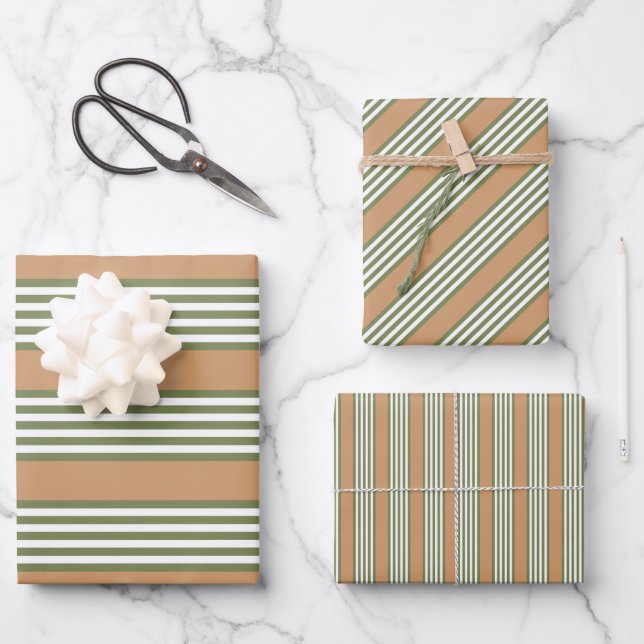 Olive green and white stripes pattern with tan wrapping paper sheets (Front)