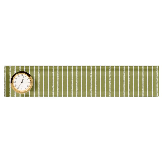 Olive Green and White Stripes with Uneven Lines Desk Name Plate (Front)