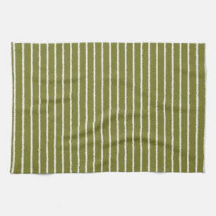 Olive Green and White Stripes with Uneven Lines Kitchen Towel