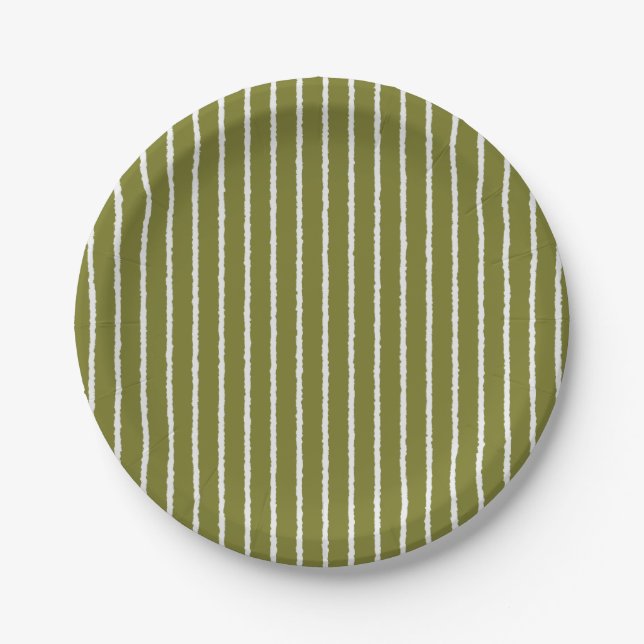 Olive Green and White Stripes with Uneven Lines Paper Plates (Front)