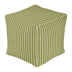 Olive Green and White Stripes with Uneven Lines Pouf