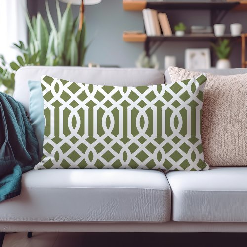 Olive Green and White Trellis Pattern Lumbar Pillow