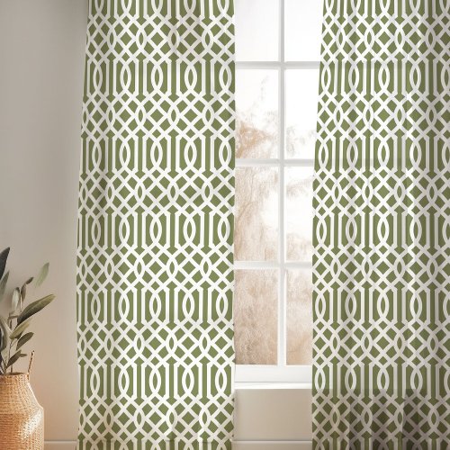 Olive Green and White Trellis Pattern Sheer Curtains