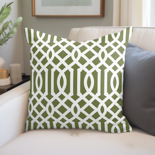 Olive Green and White Trellis Pattern Throw Pillow