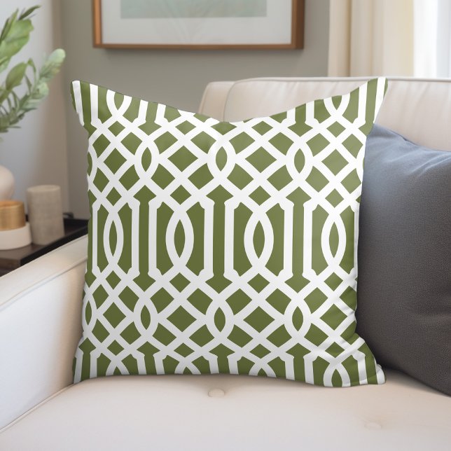 Olive Green and White Trellis Pattern Throw Pillow (Creator Uploaded)