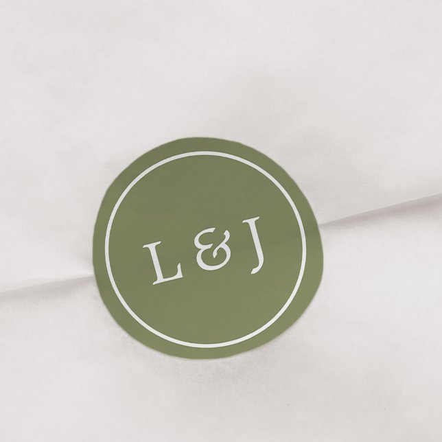 Olive Green and White Wedding Monogram Classic Round Sticker (Creator Uploaded)