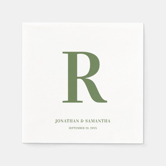 Olive Green and White Wedding Monogram Modern Napkins (Front)