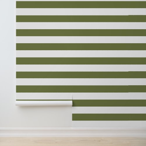 Olive Green and White Wide Horizontal Stripes Wallpaper