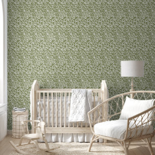 Olive Green and White Willow Bough Wallpaper