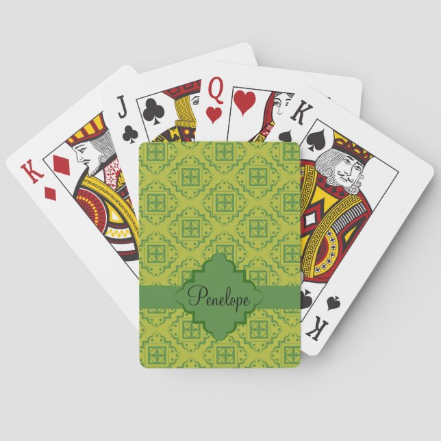Olive Green Arabesque Moroccan Graphic Pattern Poker Cards (Back)