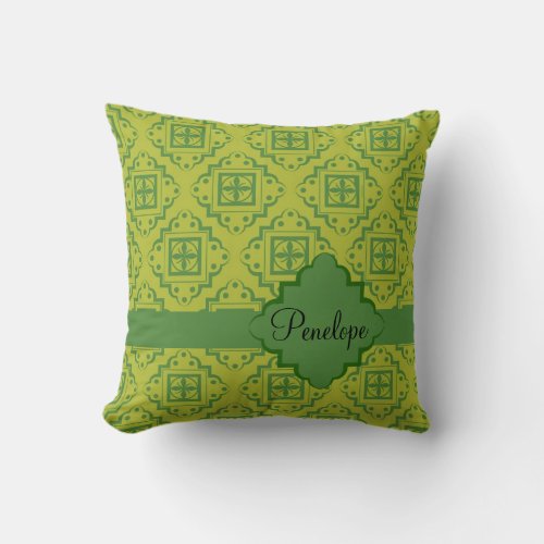 Olive Green Arabesque Moroccan Graphic Pattern Throw Pillow