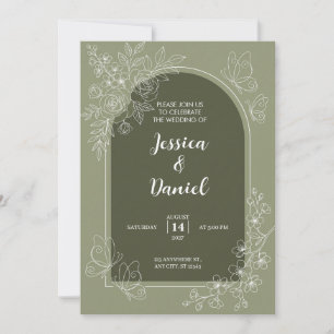 Olive Green Arch White Line Wedding Invitation