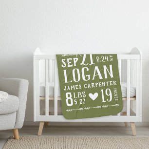Olive Green Baby Boy Birth Stats Keepsake Blanket