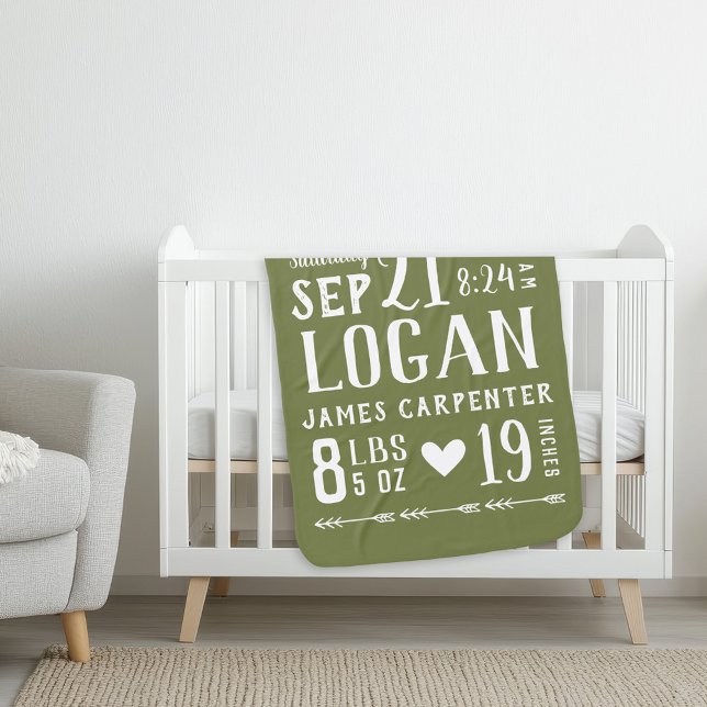 Olive Green Baby Boy Birth Stats Keepsake Blanket (Creator Uploaded)