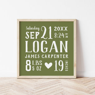Olive Green Baby Boy Birth Stats Keepsake Poster